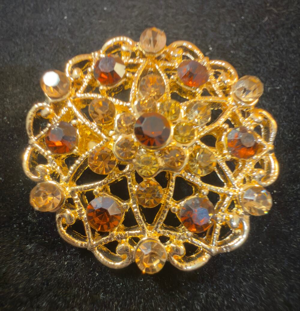Vintage Gold-Tone Amber & Topaz Rhinestone Filigree Brooch Floral Statement Pin
